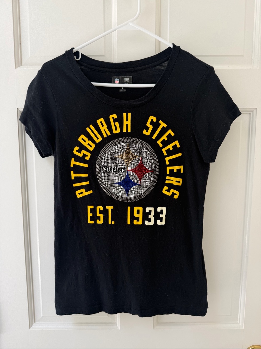 NFL Pittsburgh Steelers Black Tee with Yellow Lettering and Multicolor Logo